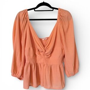 Mi Ami Peach Peplum Blouse XL Puff Sleeve V-Neck Smocked Back Flowy Top